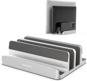 Vertical Laptop Stand 3 Slots Aluminum Desk Laptop Holder & Laptop Docking Station Stand for MacBook Tablet Phone - Universal Fit (Up to 17.3) - Heavy Duty Polished Anti Slide - Silver