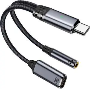 USB C to 3.5mm Audio Adapter and Charger 2 in 1 USB C to Headphone Jack Adapter and Type C Charging Cable PD100W Type C Splitter Dongle Cable for iPhone 16/15 Pro Max-Grey