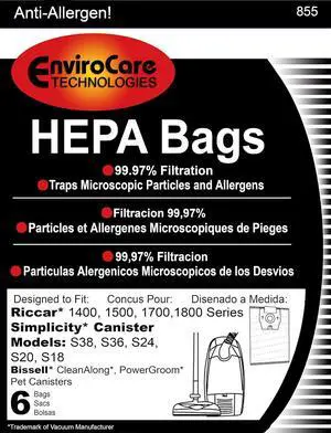 Replacement HEPA Filtration Vacuum Cleaner Dust Bags made to fit Riccar 1400 1500 1700 1800 Series and Simplicity S38 S36 S24 S20 and S18 Canisters 6 pack