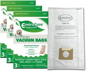 Replacement Anti-Allergen Vacuum Bags for Kenmore Canister Type C or Q 50555 50558 50557 and Panasonic Type C-5 9 pack