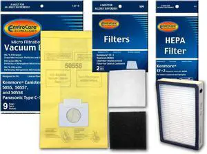 Replacement Vacuum Bags designed to fit Kenmore Canister Type C or Q 50555 50558 50557 and Panasonic Type C-59 Bags and 1 EF-2 HEPA Filter and 2 CF-1 Filters