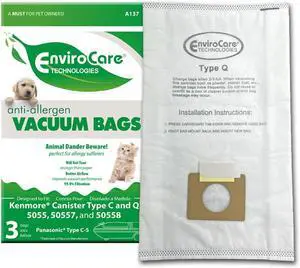 Replacement Allergen Filtration Vacuum Cleaner Dust Bags Designed to fit Kenmore Canister Type C/Q 50555 50558 50557 and Panasonic Type C-5 3 pack