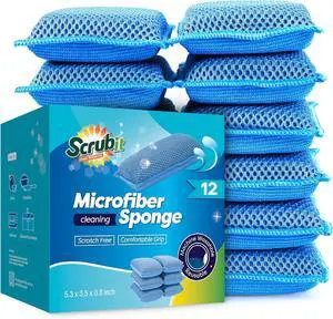 Reusable Sponges for Dishes - 12 Pack Microfiber Sponges Kitchen Dish Scrubber Machine Washable & Non-Scratch Scrubbers (Blue)