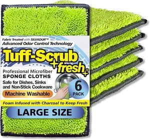 Fresh Tuff-Scrub Large 6-Pack Scrub-N-Wipe Sponge Cloth with Silvadur Antimicrobial for Odor Control Microfiber Multi-Surface Non-Scratch Dual-Sided Machine Washable Durable Kitchen Sponge
