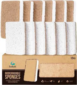 Plant-Based Kitchen Sponges - FSC Certified and PETA Approved Natural Eco-Friendly Biodegradable Sisal Hemp Sponges for Dishes Cleaning Sponge for Kitchen Bathroom Household - 12 Count