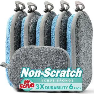 Sponges Kitchen Dish Sponge for Washing Dishes Cleaning Kitchen All-Purpose 6 Pack Non Scratch Rough Scrubbers Side for Non-Stick Cookware Soft Microfiber Scrub Side for Dishes Mr. Scrub