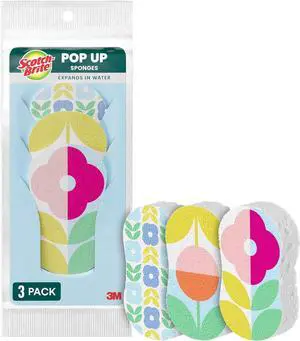 Brite Blooms Pop Up Kitchen Sponges Unique Compressed Kitchen Sponge for Cleaning Gently Spring Flower Pattern Dish Sponge That Expands with Water 3 Scrubbing Sponges