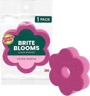 Brite Blooms Extra Gentle Scrub Sponge Dishwasher-Safe Kitchen Sponge for Cleaning Delicate Surfaces Pink Spring Flower Dish Sponges Made with 100% Recycled Fibers 1 Count
