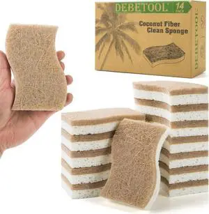 Natural Kitchen Sponge Eco-Friendly Dish Sponge for Kitchen - Biodegradable Cellulose and Coconut Scrubber -Pack of 14 Household Cleaning Sponge for Dishes White