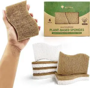 Natural Kitchen Sponges Pack of 6 - Cellulose and Coconut Husk Dishwashing Scrubbers - Odor Free Non Scratch Eco Friendly Quick Drying Scrub Sponges for Washing Dishes