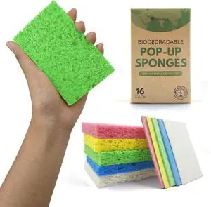 Biodegradable Cellulose Compressed Sponges - Pack of 16 Compostable Kitchen Pop Up Bulk - Non Scratch Multicolor Natural Dish Sponges - Heavy Duty Multipurpose Eco Friendly