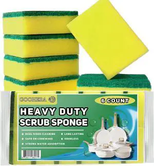Heavy Duty Scrub Sponge for Cookware Dual-Sided Cleaning Pot Scrubber Odorless Long-Lasting Kitchen and Dishwashing Essential Large & Thick 4 x 2.8 x 1.5 Inches 6 Pack