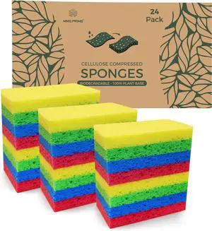 Cellulose Sponges - 24-Pack Multicolored Compressed Natural Sponges for Kitchen - Biodegradable Non-Scratch Quick-Dry for Cleaning Dishes DIY Cutouts