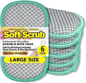 Soft-Scrub by Tuff-Scrub Scrub-N-Wipe Pad Large 6-Pack Microfiber Multi-Surface Non-Scratch Dual-Sided Scrubber for Dishes Sinks Non-Stick Cookware Machine Washable Kitchen Sponge