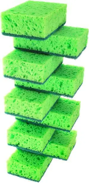 Green Multi Use Scrub Sponge. Made in Europe. 9 Pack 4.3x2.8x1.4 inches. Odorless Heavy Duty and Non Scratch Fiber. Best Durable Delicate Porous Non Cellulose Kitchen Sponges and Scrubbers