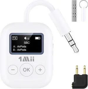 Bluetooth Transmitter for Airplane Bluetooth 5.3 Adapter for TV Airplane Travel Essentials Aptx Low Latency Wireless Audio Aux for Headphones Any 3.5mm Jack Linking 2 Devices (White)