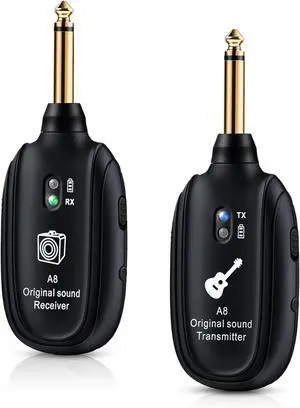 A8 Wireless Guitar Transmitter Receiver System 2.4GHz Rechargeable 24-bit/48KHz Audio Low Latency <4ms for Electric Guitar & Bass Wireless Audio Transmitter & Receiver (A8(1TX+1RX))
