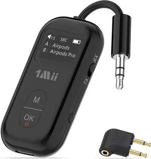 SafeFly Pro Bluetooth 5.3 Transmitter Receiver Wireless Audio Adapter w/Screen for 2 Bluetooth Headphones AptX LL/HD/AD Use with Any 3.5MM Jack on Airplane TV & iPad/Tablet