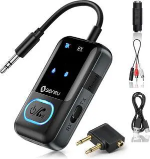 Bluetooth 5.3 Transmitter Adapter for Airplane 2-in-1 Wireless Bluetooth Audio Transmitter Receiver for 3.5mm Aux Jacks on Flight/TV/Gym Equipment for up to 2 Wireless Headphones Cell Phones