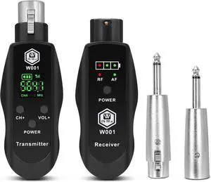 UHF Wireless XLR Transmitter and Receiver with 48V Power Supply Rechargeable Mic Adapter 16 Channels 196ft Range for Dynamic/Condenser Mics Audio Mixer Electric Guitar Bass PA System