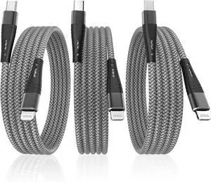 3-Pack  MFI Certified USB C to Lightning Cable 6 ft USB-C Nylon Braided iPhone Charger Cord t Type C Fast Charging Compatible with  iPhone 14/13/12/11/ Pro/Pro Max/Mini/Air Pods Pro.(Grey)