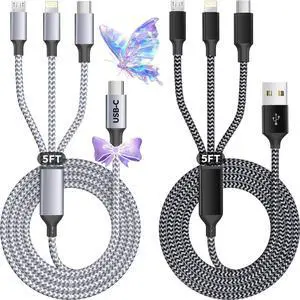 Multi Charging Cable (5FT 2Pack) 3 in 1 Charging Cable USB A/C Charging Cords Nylon Braided Chargers for Multiple Devices with Type C Micro USB IP Port for iPhone16/15 Series/Cell Phones and More