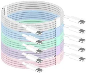 iPhone 16 15 USB C Charger Cable 6ft Multi-Colored Woven 5Pack 60W Fast Charge Type C to C Charging Cord Wire for  iPhone 16 Pro Max/16 Pro/15 Plus/15 Pro Max iPad Pro/Mini/Air/MacBook Airpods