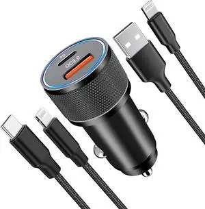 iPhone Fast Car Charger and Carplay Cable 38W Dual Port USB A and USB C Car Charger Adapter with 2Pack 3.3ft Fast Charging Type C to Lightning Cable for 14 13 12 11 XS XR X 8 7 6 5 SE iPad