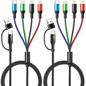 5 in 1 Multi Charging Cable 3.5A Multi Fast Charging Cord USB A/C to Type C/Micro USB/Lightning Universal Braided Charger Cable Multi Charger for Cell Phones iPhone Galaxy (2 Black 4Feet)