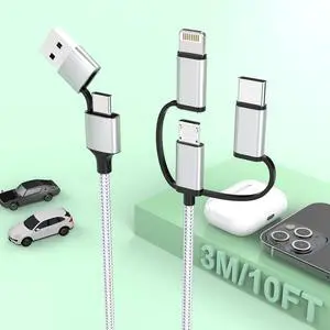 Multi 5 in 1 Universal USB Charging Cable 3M/10FT USB A/Type C to Lightning+Type C+Micro USB Nylon Braided Sync Charger Cord Adapter for  iPhone16 15 14/iPad/Android//- for Uber Car