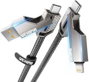 [Upgraded] 4-in-1 USB C Cable 60W 5FT Lightning Cable Fast Charging Flat Nylon Braided for iPhone iPad Charger Cord [480Mbps Data Sync] Multi Charge Wire Combo with Lightning/Type C/USB A Port