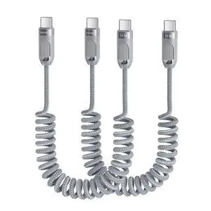 Coiled USB C to USB C Cable 2Pack 3FT Braided Retractable Fast Charging Cable for Car Compatible with iPhone 16/15 Pro Max/Galaxy S24/S23/S22 Supports Car Play & Android Auto-Grey