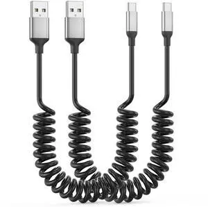 Coiled USB C Cable for Car 2Pack 3A USB Type C Charger Cable Fast Charging Retractable Android USB A to USB C Charge Cord for  Galaxy S23 S22 S21 S20 S10 Note 20 10 A10e A20 A50 Moto G LG