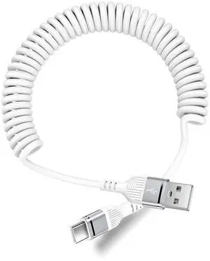Coiled USB-C Cable for iPhone 16e Car Charger Cord for iPhone 16 Pro Max/16e/16/16 Plus/16 Pro/15 Plus/15 Pro/15 Pro Max 4FT Curly USB A to USB C Cable Android Auto CarPlay Coiled Cable-White