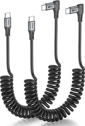 Coiled USB C to USB C Cable 3FT [2-Pack] Right Angle USB-C Cord for Car USBC to USBC Android Auto Carplay Cable for iPhone 16 15 Plus/Pro/Pro Max Galaxy S24 S23 S22 (Grey)