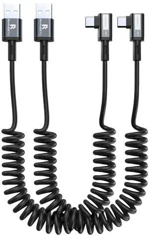 Coiled USB C Cable Right Angle USB A to USB C Coiled Cable for Android Auto/Carplay USB Type C Fast Charging Recommended Length [1.5FT-4FT 2Pack] for iPhone 16/15 Series for  S25 S24 S23