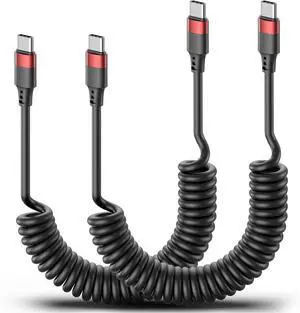 Coiled USB C to USB C Cable 2 Pack Retractable Tepy C Carplay Cord Coiled USBC Android Auto Cable for Galaxy S24/S23/S22 iPhone 15/16 Pixel 8 One Plus 12 Moto G8 and CarPlay