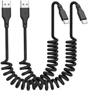 Car Carplay Cable 2Pack 3ft Coiled USB A to USB C Fast Charge Cord for iPhone 16/15/Plus/Pro Max/MacBook Pro Auto Coiled Retractable iPhone Car Cord