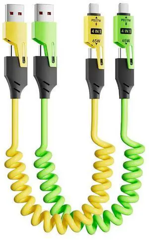 4 in 1 Spring Fast Charging Cable (2Pack) 65W USB-C PD Multi Fast Charging 1.2m/4ft Coiled Retractable Cable for iPhone  Laptop - Yellow+Green