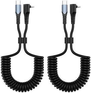 2 Pack Coiled USB C to USB C Cable - 90 Degree Right Angle Type C 60W Fast Charging Retractable Spring Spiral USB-C Charger Cord with Data Sync for iPhone 15 pro max Galaxy S24/S23 Pixel