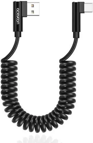 USB to USB C Cable 90 Degree Right Angled Coiled Fast Charging Cable QC 3.01-2.5ft 60W Short Android Auto USB C Charging Cable