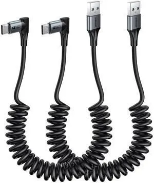 Right Angle Coiled USB C Cable 3FT [2Pack] 90 Degree USB A to USB C Cable for Android Auto & Carplay USB Type C Charging Cable for iPhone 16 15 Pro/Pro Max/Plus  Galaxy S24 S23 S22