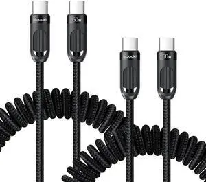 Coiled USB C to USB C Cable 2Pack 3FT Braided Retractable Fast Charging Cable for Car Compatible with iPhone 16/15 Pro Max/Galaxy S24/S23/S22 Supports Car Play & Android Auto-Black