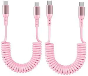USB C to USB C Cable 3ft FT2 2pack Coiled USB C Cable Cable for Car Short USB C Retractable Cable for Phone 16 15 Pro Max S24 S23 Moto G8 Pixel Carplay Cord for Android Auto (Pink)