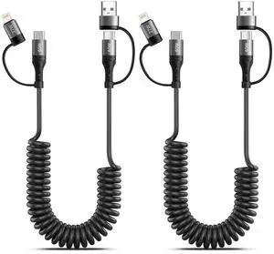 60W Coiled USB C Cable 4 in 1 Charging Cable 2Pack 4FT USB-C to Lightning Cable for Car Type C to USBC Fast Charging Cables for iPhone 16/15/14/13/12/11 Series/iPad/MacBook/CarPlay