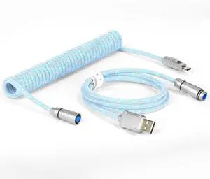 C05 Custom Coiled USB C Cable with Metallic Sequin Double Weave Nylon Braided Cord Detachable CNC Metal Aviator Spiral Line for Charging Smartphone Connect Keyboard PS4 Switch(Light Blue)
