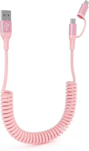 2-in-1 Coiled USB-C & Lightning Pink iPhone Car Charger - Pink Charger for iPhone 16/15/14/Android  CarPlay & Android Auto Supported Short Coiled Design for Car/Travel/Power Bank (3-4FT)