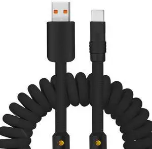 Curly Chubby - 240W Coiled USB C Cable Spring Retractable Fast Charging Cable for Car Compatible with CarPlay Android Auto Black USB-A to Type-C 2.29FT-3.6FT
