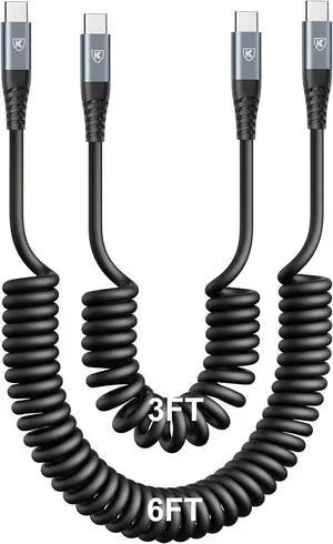 3FT & 6FT USB C to USB C Cable 2Pack - Coiled Type C Fast Charging Cable for Car Compatible with iPhone 16/15/Plus/Pro/Pro Max/MacBook Pro 2020/ Galaxy S23