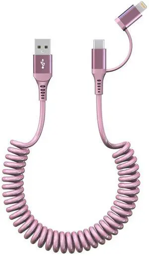 USB to USB C and Lightning Pink Car Charger Cable - Pink iPhone Charger Coiled Lightning Cable Type-C Charging Cord Support  Carplay & Android Auto & Data for iPhone 16 15 14 13 12 11 Android